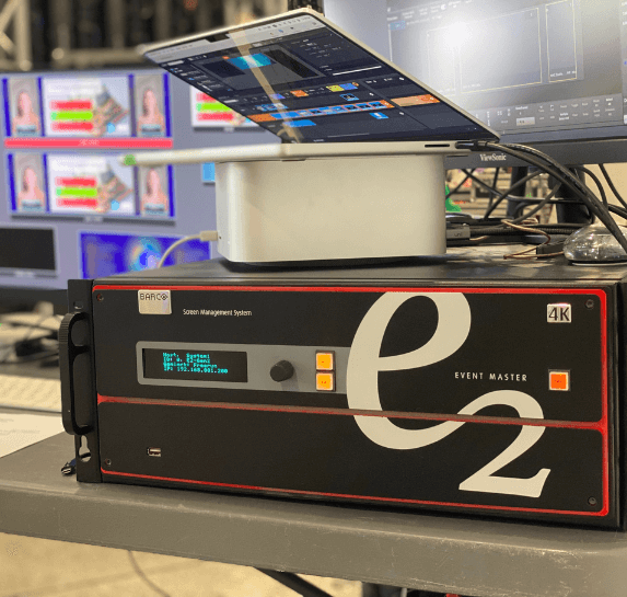Barco E2, Video console for video playback and video control table with audiovisual equipment